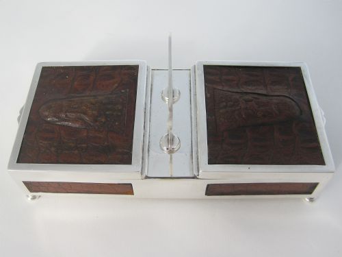 DOUBLE ENDED SILVER PLATED BOX WITH PANELS OF CROCODILE STYLE LEATHER - ADDITIONAL PHOTO 2