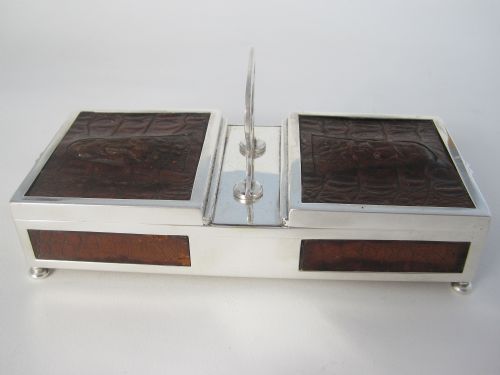 DOUBLE ENDED SILVER PLATED BOX WITH PANELS OF CROCODILE STYLE LEATHER - ADDITIONAL PHOTO 3