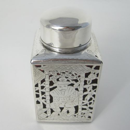 unusual chinese style edwardian silver tea caddy with cranberry glass body - CATEGORY: ANTIQUE SILVER - DATED 1900