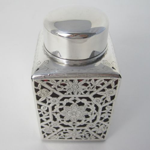 UNUSUAL CHINESE STYLE EDWARDIAN SILVER TEA CADDY WITH CRANBERRY GLASS BODY - ADDITIONAL PHOTO 1