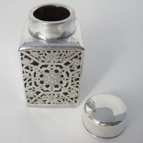 UNUSUAL CHINESE STYLE EDWARDIAN SILVER TEA CADDY WITH CRANBERRY GLASS BODY - ADDITIONAL PHOTO 3