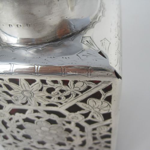 UNUSUAL CHINESE STYLE EDWARDIAN SILVER TEA CADDY WITH CRANBERRY GLASS BODY - ADDITIONAL PHOTO 4