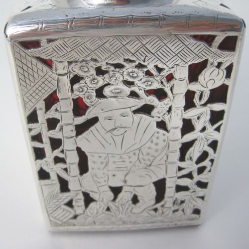 UNUSUAL CHINESE STYLE EDWARDIAN SILVER TEA CADDY WITH CRANBERRY GLASS BODY - ADDITIONAL PHOTO 6