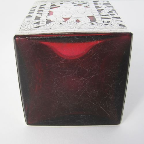 UNUSUAL CHINESE STYLE EDWARDIAN SILVER TEA CADDY WITH CRANBERRY GLASS BODY - ADDITIONAL PHOTO 7
