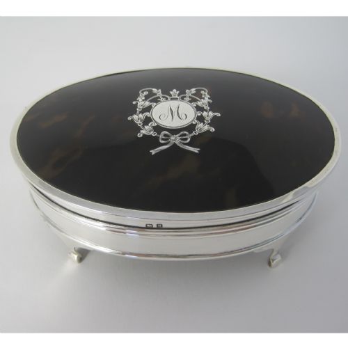 beautiful large silver and tortoiseshell jewellery or trinket box - CATEGORY: ANTIQUE SILVER - DATED 1920
