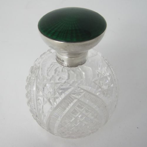 william hutton son perfume bottle with a green gilloche enamel lid - CATEGORY: ANTIQUE SILVER - DATED 1920