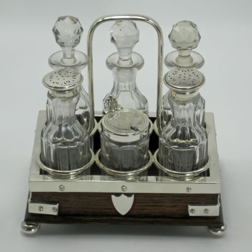 victorian john grinsell son oak and silver plated six bottle cruet set - CATEGORY: ANTIQUE GLASS - DATED 1880