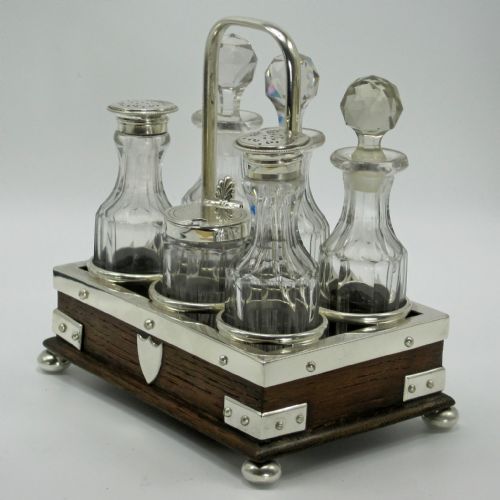 VICTORIAN JOHN GRINSELL SON OAK AND SILVER PLATED SIX BOTTLE CRUET SET - ADDITIONAL PHOTO 2