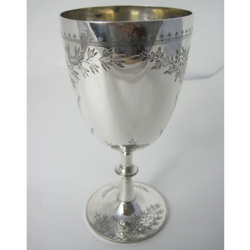 VICTORIAN SILVER GOBLET OR TROPHY CUP WITH BEAUTIFUL FERN AND FLORAL ENGRAVING - ADDITIONAL PHOTO 1
