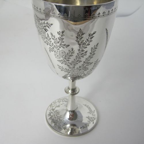 VICTORIAN SILVER GOBLET OR TROPHY CUP WITH BEAUTIFUL FERN AND FLORAL ENGRAVING - ADDITIONAL PHOTO 2