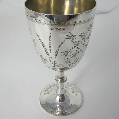 VICTORIAN SILVER GOBLET OR TROPHY CUP WITH BEAUTIFUL FERN AND FLORAL ENGRAVING - ADDITIONAL PHOTO 5