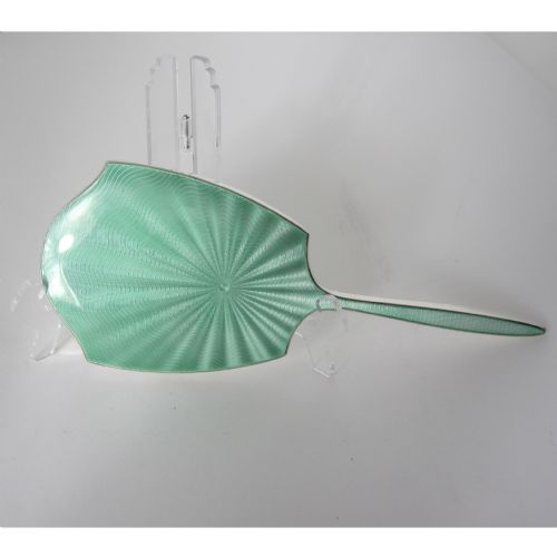 art deco style silver and green gilloche enamel hand mirror - CATEGORY: ANTIQUE SILVER - DATED 1930
