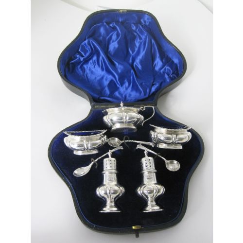 edwardian silver 8 pc condiment set in silk and velvet lined box - CATEGORY: ANTIQUE SILVER - DATED EDWARDIAN
