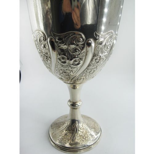 LARGE VICTORIAN SILVER GOBLET TROPHY CUP WITH FLORAL AND SCROLL EMBOSSING - ADDITIONAL PHOTO 1