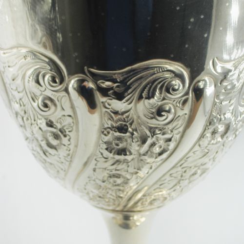 LARGE VICTORIAN SILVER GOBLET TROPHY CUP WITH FLORAL AND SCROLL EMBOSSING - ADDITIONAL PHOTO 5