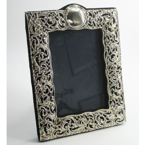 decorative edwardian silver photo frame with pierced scroll and floral border - CATEGORY: ANTIQUE SILVER - DATED 1900