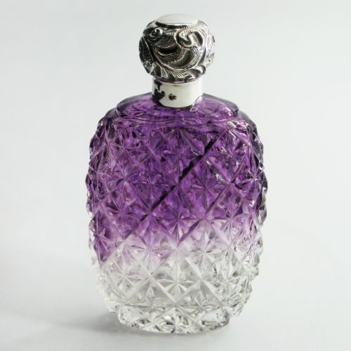 victorian siver and cut glass hip flask with an amethyst and clear star cut body - CATEGORY: ANTIQUE SILVER - DATED 1890