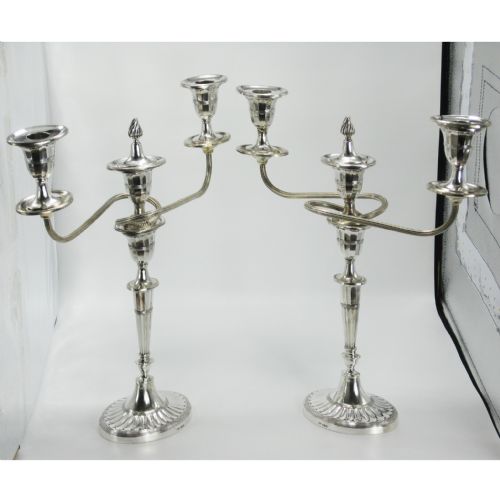 PAIR OF GEORGE III STYLE JAMES DIXON SON SILVER THREE LIGHT CANDELABRA - ADDITIONAL PHOTO 1