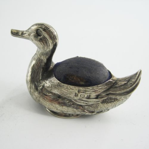 beautiful edwardian silver duck pin cushion with fine detail - CATEGORY: ANTIQUE SILVER - DATED 1900
