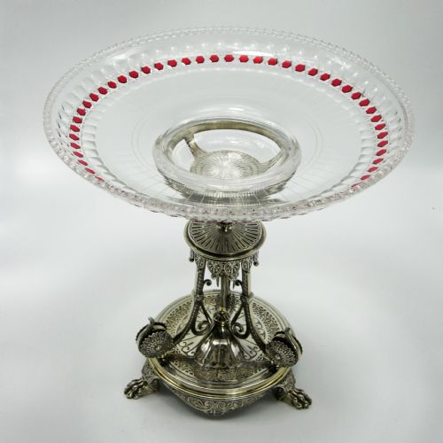 victorian elkington co partial gilt comport with cranberry and clear glass circular bowl - CATEGORY: ANTIQUE GLASS - DATED 1890