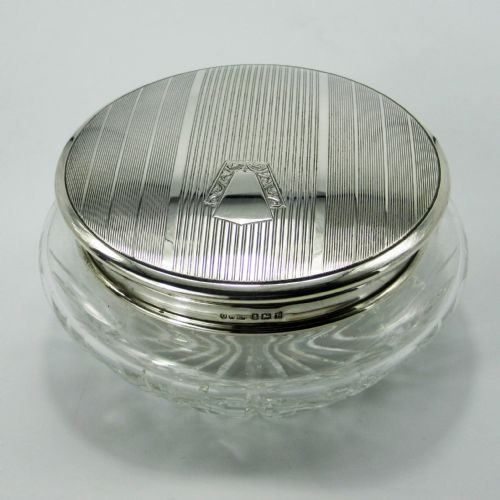 SILVER TOP DRESSING TABLE JAR WITH ENGINE TURNED PATTERNED LID AND CUT GLASS BASE - ADDITIONAL PHOTO 1