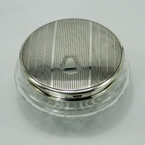 SILVER TOP DRESSING TABLE JAR WITH ENGINE TURNED PATTERNED LID AND CUT GLASS BASE - ADDITIONAL PHOTO 2