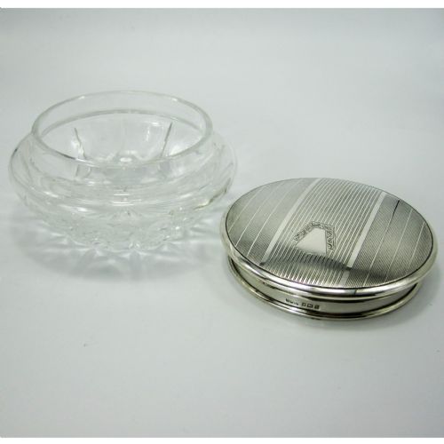 SILVER TOP DRESSING TABLE JAR WITH ENGINE TURNED PATTERNED LID AND CUT GLASS BASE - ADDITIONAL PHOTO 3