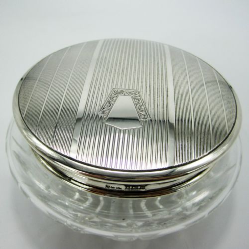 SILVER TOP DRESSING TABLE JAR WITH ENGINE TURNED PATTERNED LID AND CUT GLASS BASE - ADDITIONAL PHOTO 6