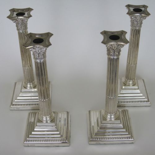 set of four matched victorian silver corinthian column style candle sticks - CATEGORY: ANTIQUE SILVER - DATED 1890