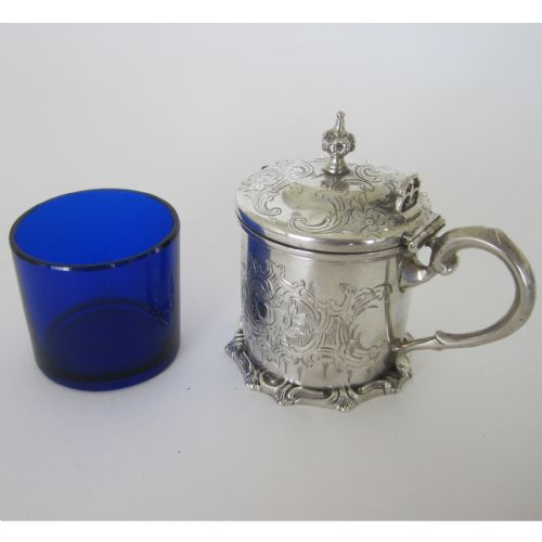 VICTORIAN SILVER MUSTARD POT WITH BRISTOL BLUE GLASS LINER - ADDITIONAL PHOTO 5