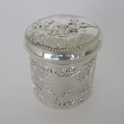 decorative victorian silver vanity jar or box with musical theme embossed lid - CATEGORY: ANTIQUE SILVER - DATED 1890