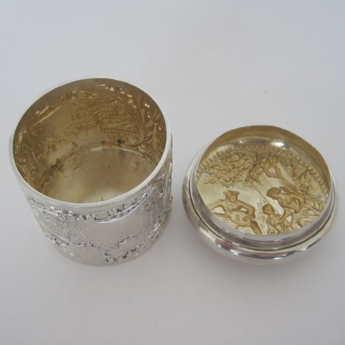 DECORATIVE VICTORIAN SILVER VANITY JAR OR BOX WITH MUSICAL THEME EMBOSSED LID - ADDITIONAL PHOTO 3