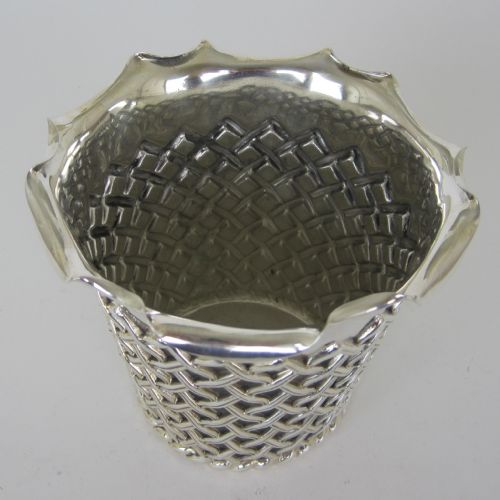 LATE VICTORIAN SILVER PLATED FLOWER POT WITH AN EMBOSSED LATTICE STYLE BODY - ADDITIONAL PHOTO 2