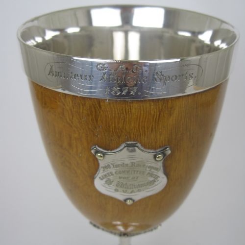 UNUSUAL LARGE VICTORIAN SILVER PLATE AND OAK GOBLET - ADDITIONAL PHOTO 2
