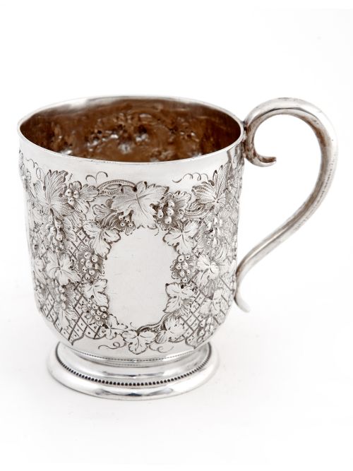 victorian silver christening mug with a grape and vine pattern and scroll handle - CATEGORY: ANTIQUE SILVER - DATED 1860