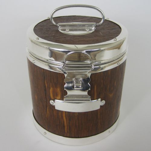 victorian john grinsell and son oak and silver plate canister shaped barrel - CATEGORY: ANTIQUE SILVER - DATED 1890