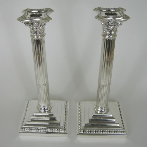 pair of victorian william hutton and son silver plated corinthian column candle sticks - CATEGORY: ANTIQUE SILVER - DATED 1880