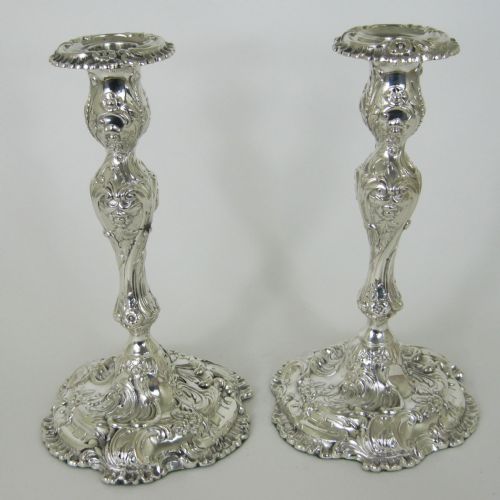pair of late victorian rococo style silver plated candle sticks - CATEGORY: ANTIQUE SILVER - DATED 1890