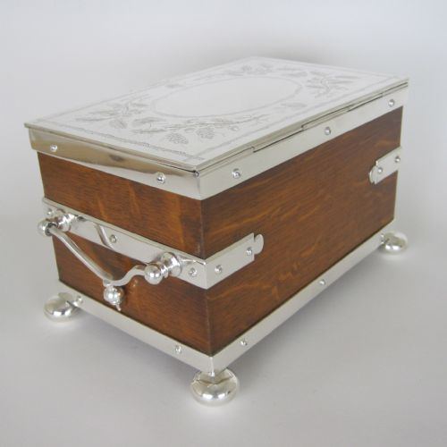 LATE VICTORIAN RECTANGULAR OAK AND SILVER PLATED DOUBLE TEA CADDY - ADDITIONAL PHOTO 2