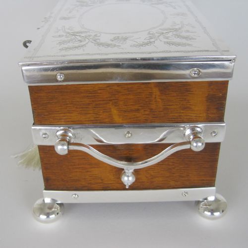 LATE VICTORIAN RECTANGULAR OAK AND SILVER PLATED DOUBLE TEA CADDY - ADDITIONAL PHOTO 3