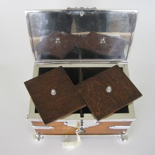 LATE VICTORIAN RECTANGULAR OAK AND SILVER PLATED DOUBLE TEA CADDY - ADDITIONAL PHOTO 4