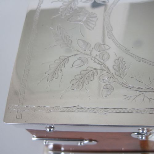 LATE VICTORIAN RECTANGULAR OAK AND SILVER PLATED DOUBLE TEA CADDY - ADDITIONAL PHOTO 5