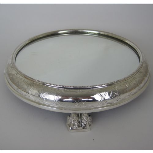victorian silver plated circular mirror cake stand with engraved floral frame - CATEGORY: ANTIQUE SILVER - DATED 1890