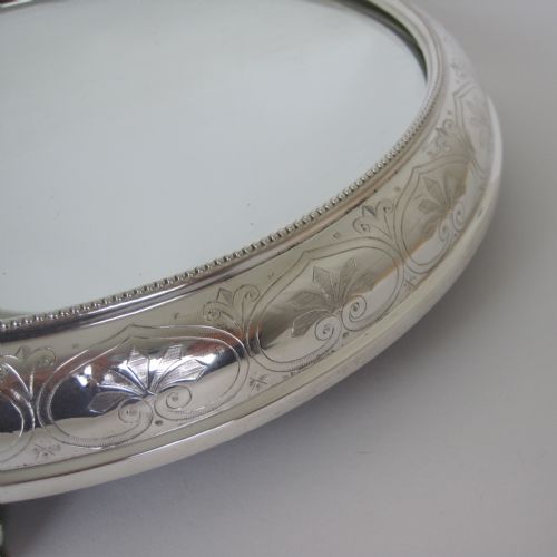 VICTORIAN SILVER PLATED CIRCULAR MIRROR CAKE STAND WITH ENGRAVED FLORAL FRAME - ADDITIONAL PHOTO 1