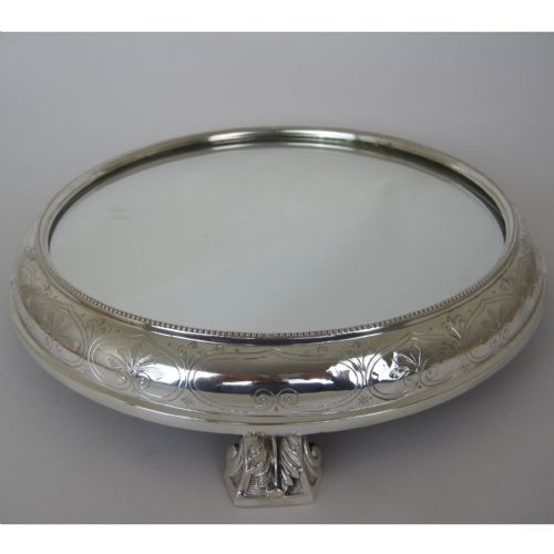 VICTORIAN SILVER PLATED CIRCULAR MIRROR CAKE STAND WITH ENGRAVED FLORAL FRAME - ADDITIONAL PHOTO 2