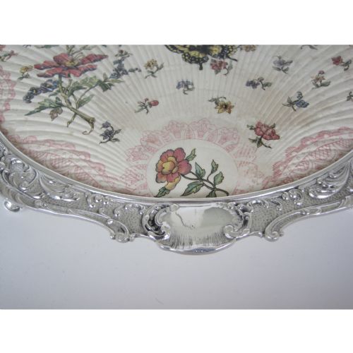CONTINENTAL EDWARDIAN CHINA AND SILVER PLATED ROUND TRAY - ADDITIONAL PHOTO 5
