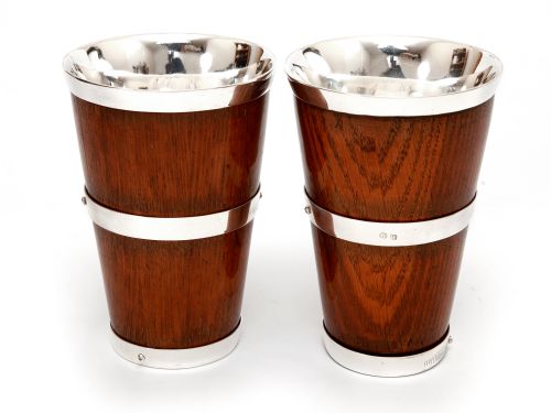 pair of late victorian oak and silver plate beakers - CATEGORY: ANTIQUE SILVER - DATED 1890