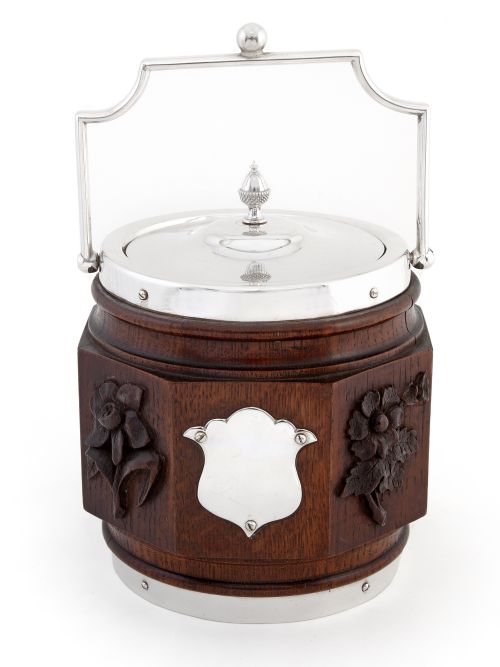 eight sided victorian oak and silver plated barrel with white china liner - CATEGORY: ANTIQUE SILVER - DATED 1900