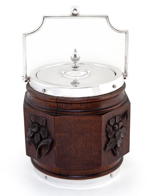 EIGHT SIDED VICTORIAN OAK AND SILVER PLATED BARREL WITH WHITE CHINA LINER - ADDITIONAL PHOTO 1