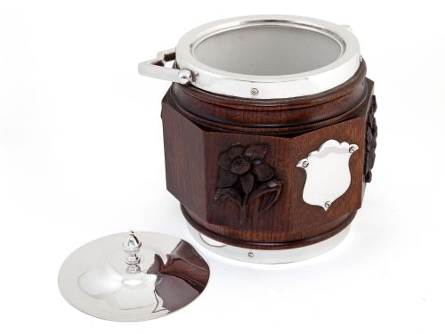 EIGHT SIDED VICTORIAN OAK AND SILVER PLATED BARREL WITH WHITE CHINA LINER - ADDITIONAL PHOTO 2